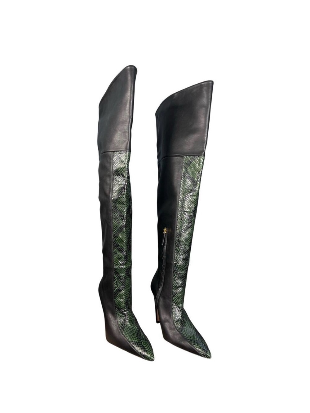 Good American The KoKo Over-the-Knee Black and Green Snakeskin Pointed Boots